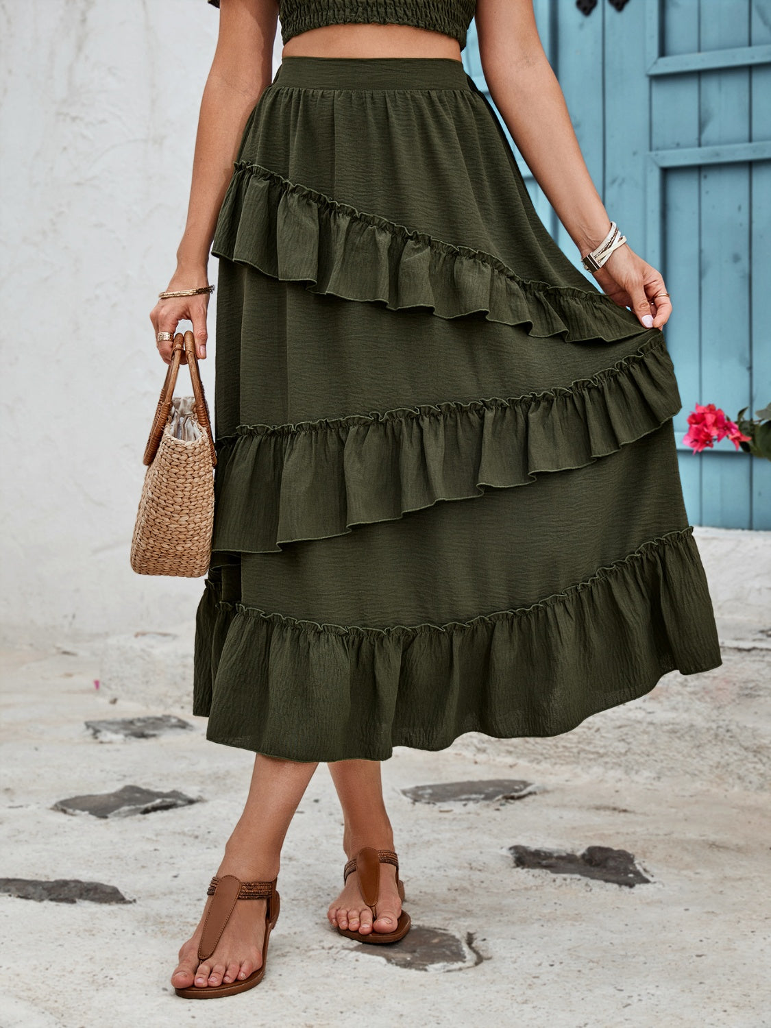 Ruffled Elastic Waist Midi Skirt
