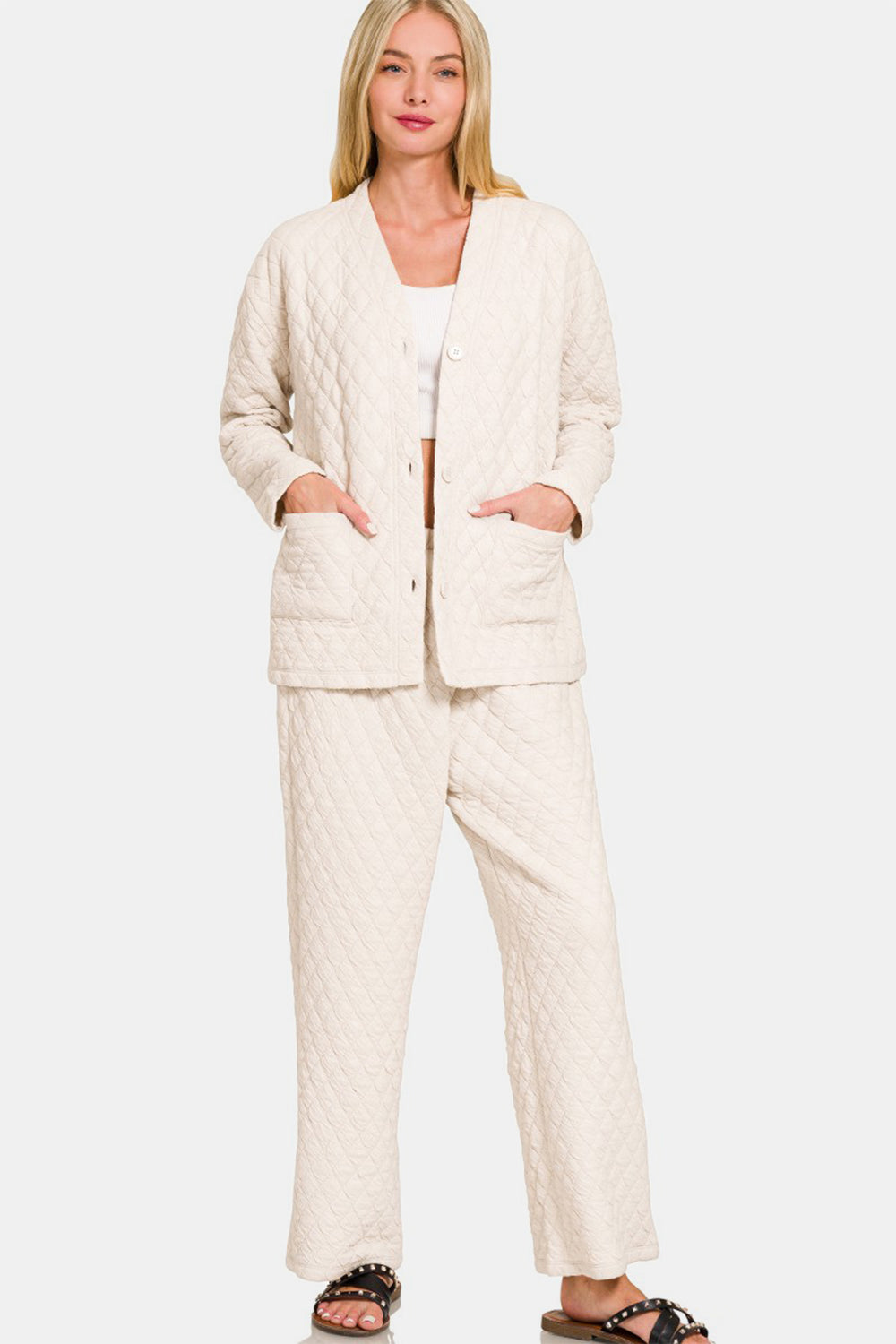 Zenana Quilted Button Up Long Sleeve Top and Pants Lounge Set
