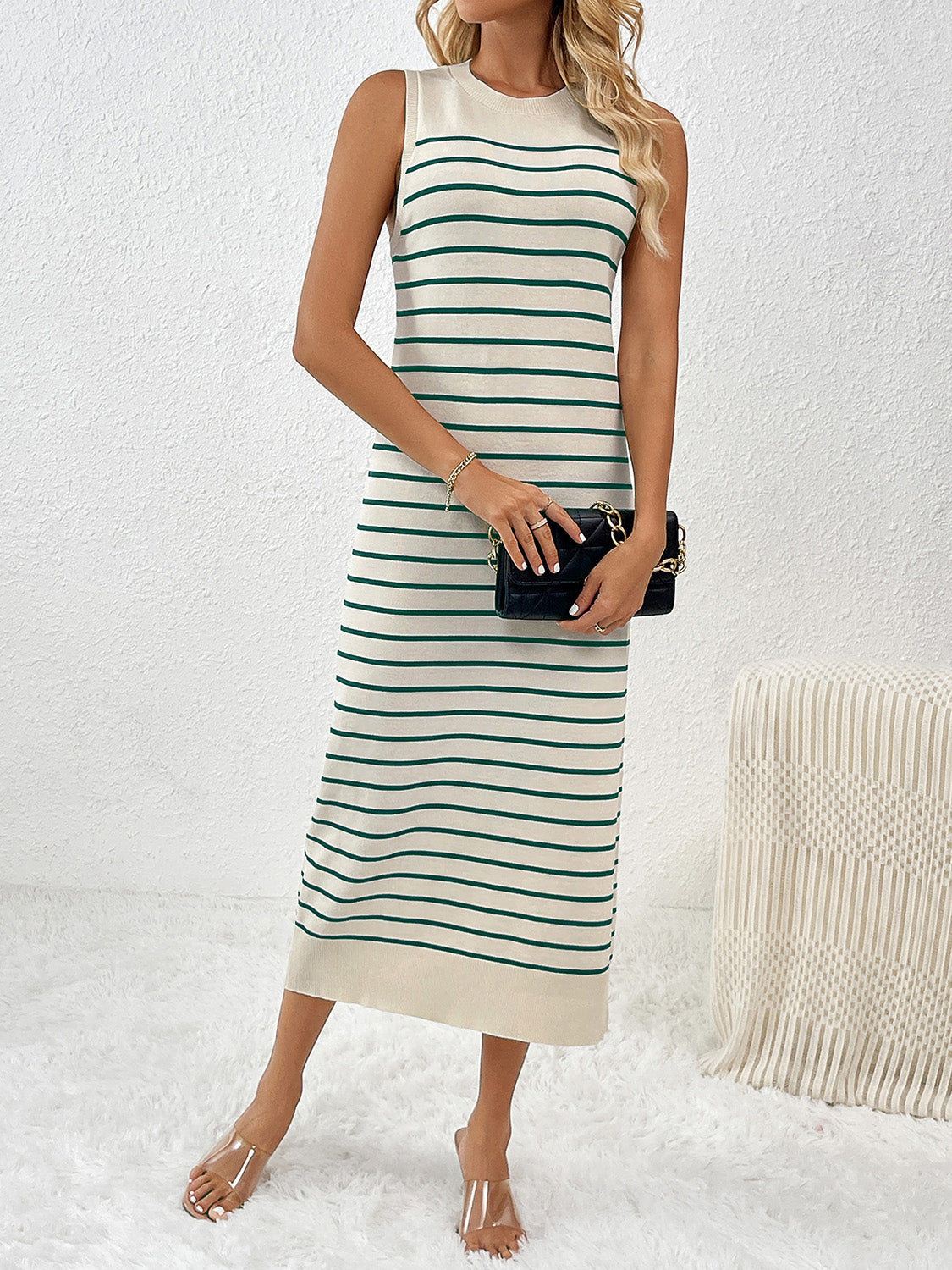 Round Neck Sleeve Midi Knit Dress
