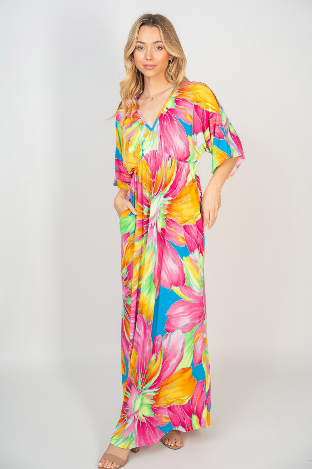 White Birch Printed V-Neck Maxi Dress with Pockets
