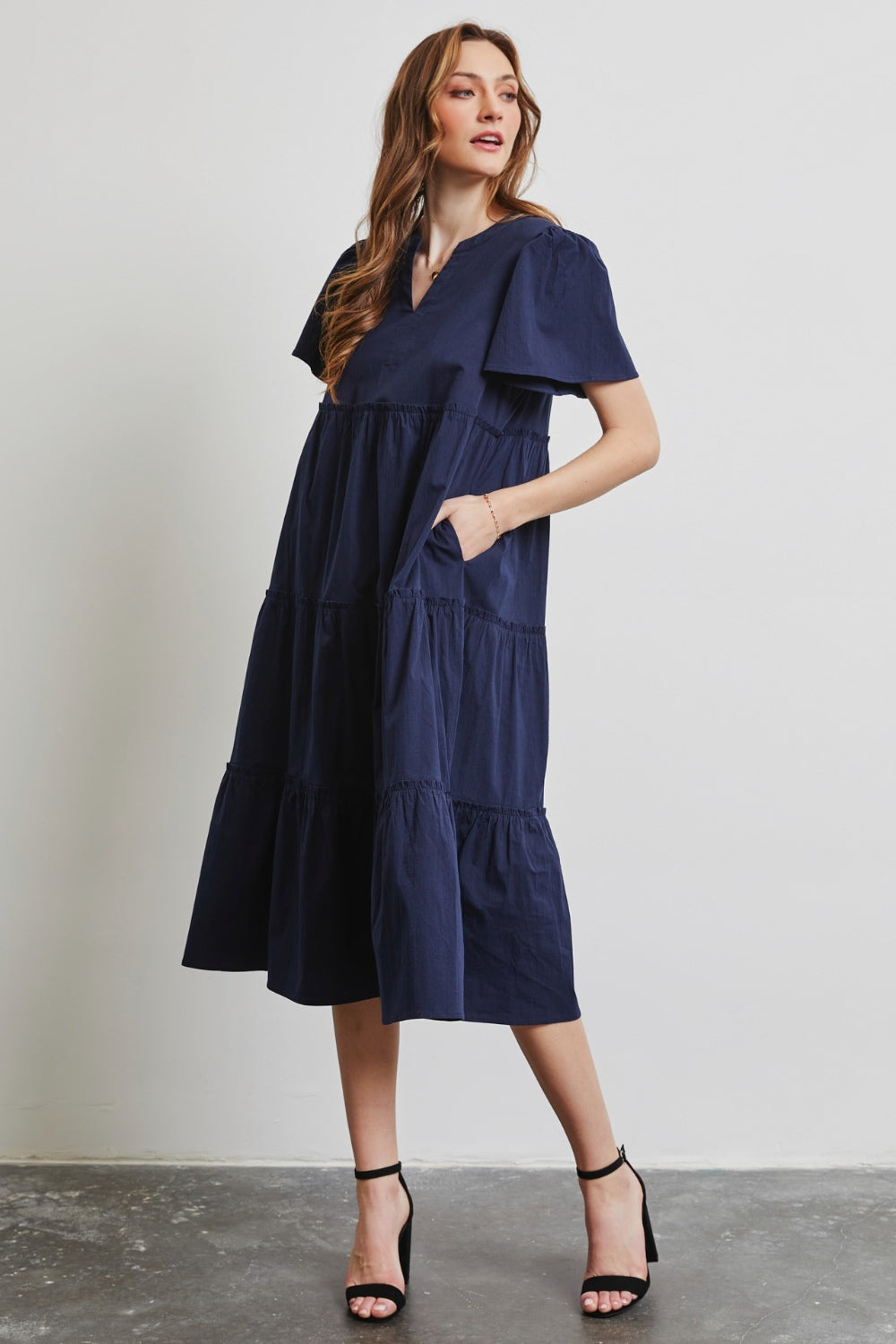 HEYSON Full Size Cotton Poplin Ruffled Tiered Midi Dress
