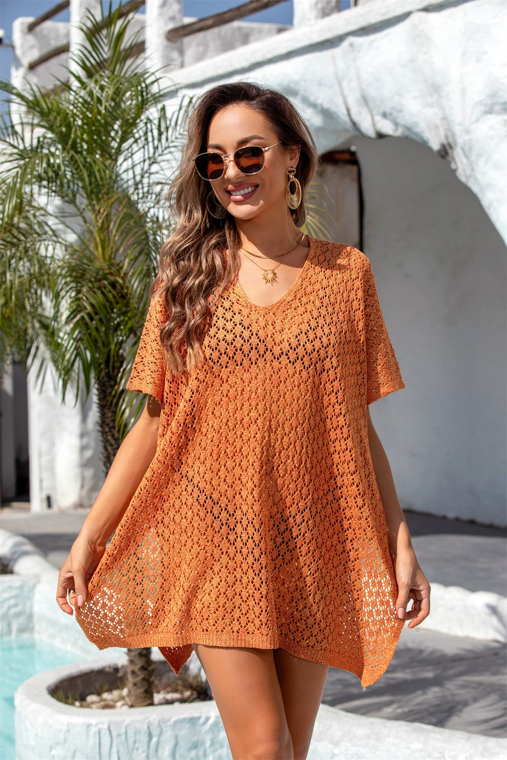 Openwork Slit Scoop Neck Cover Up
