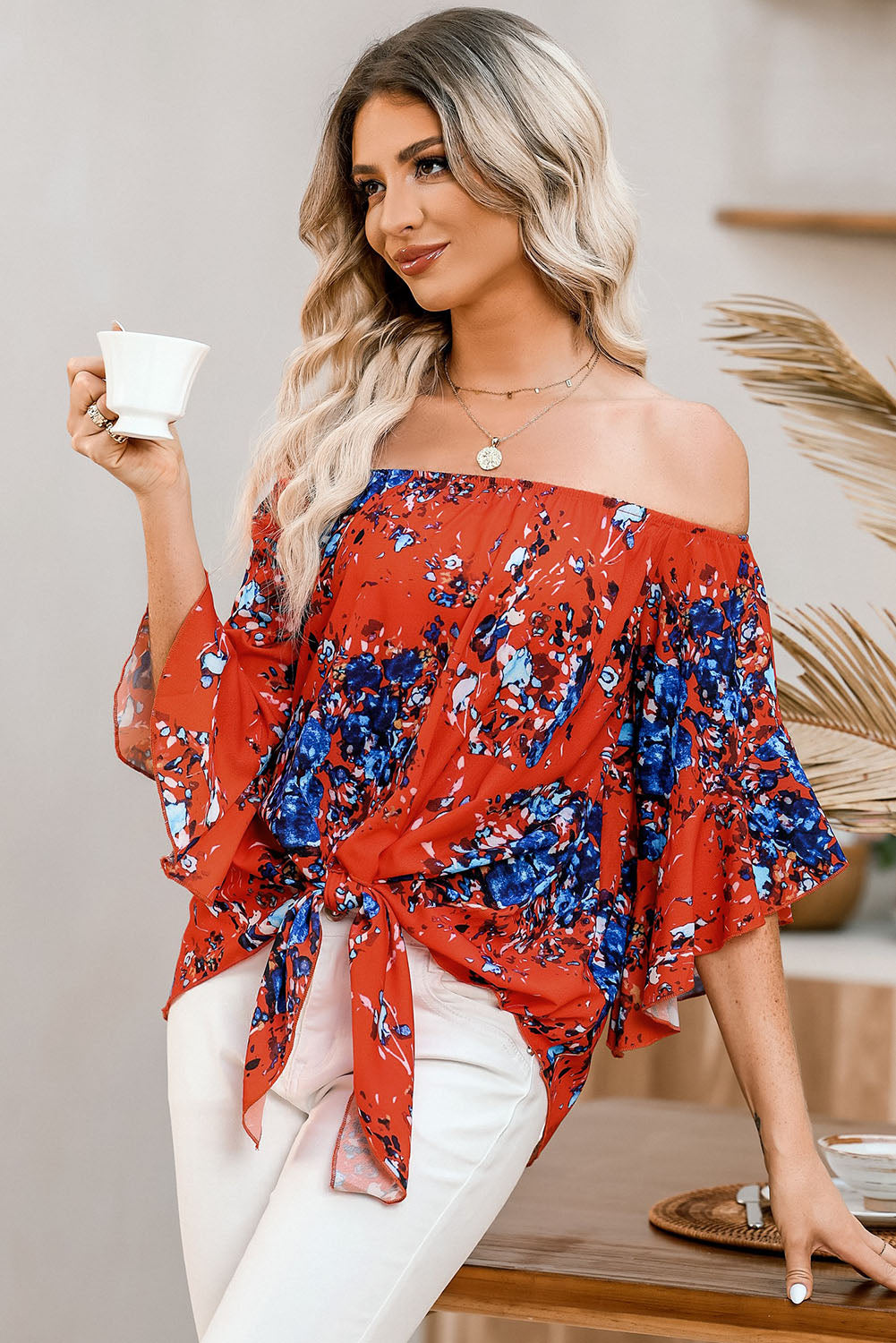 Tied Printed Off-Shoulder Half Sleeve Blouse
