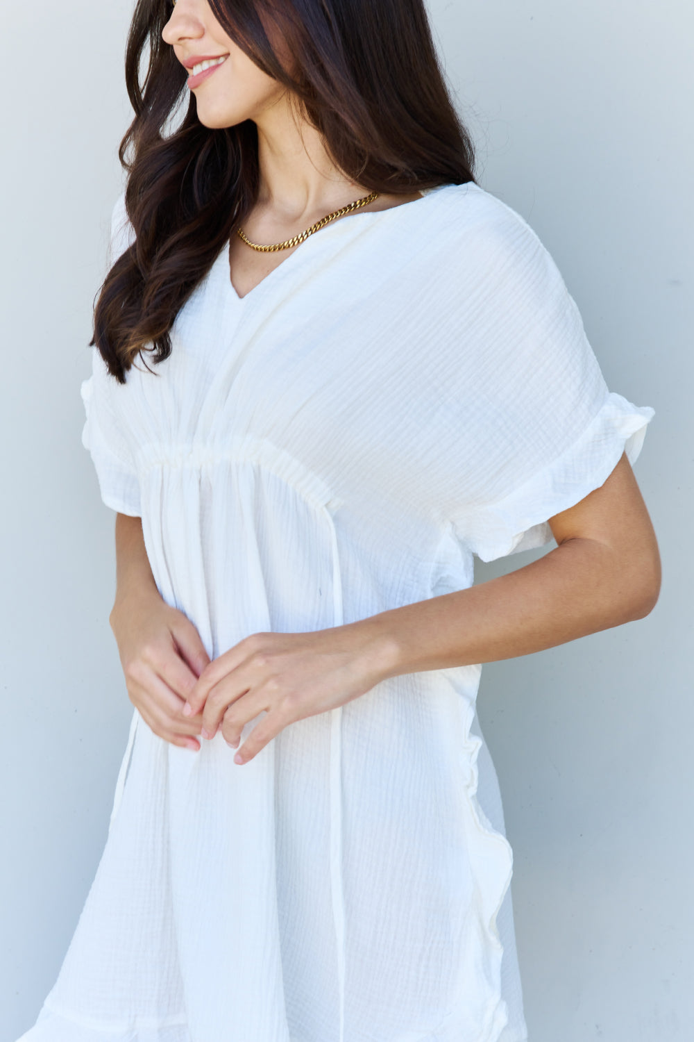 Ninexis Out Of Time Full Size Ruffle Hem Dress with Drawstring Waistband in White
