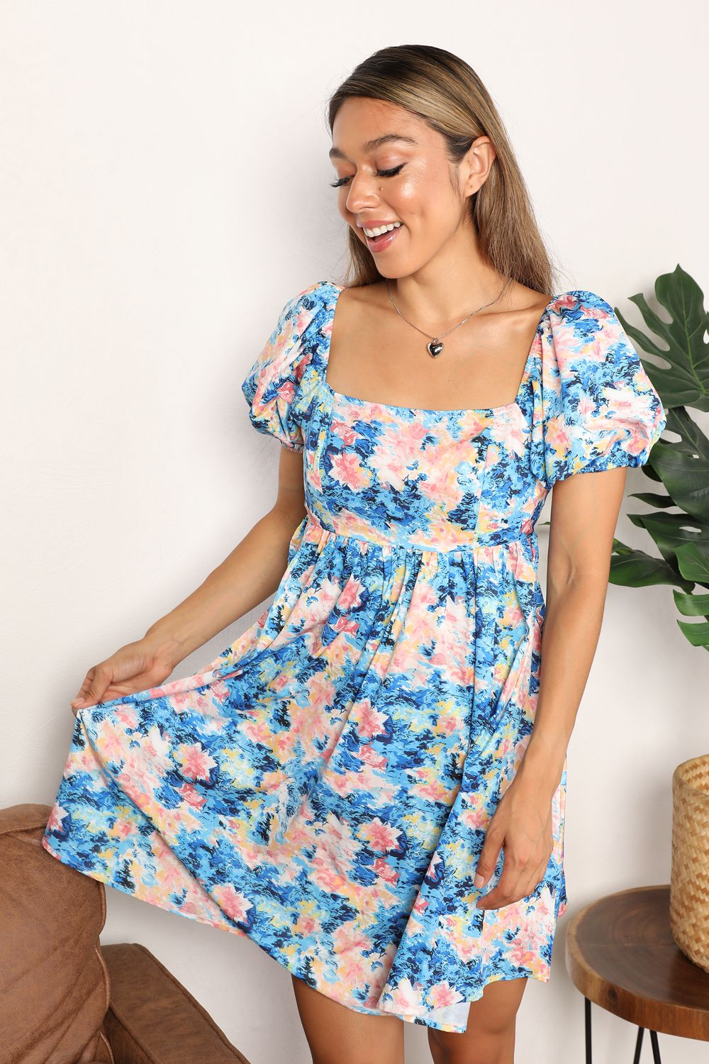 Double Take Floral Square Neck Puff Sleeve Dress
