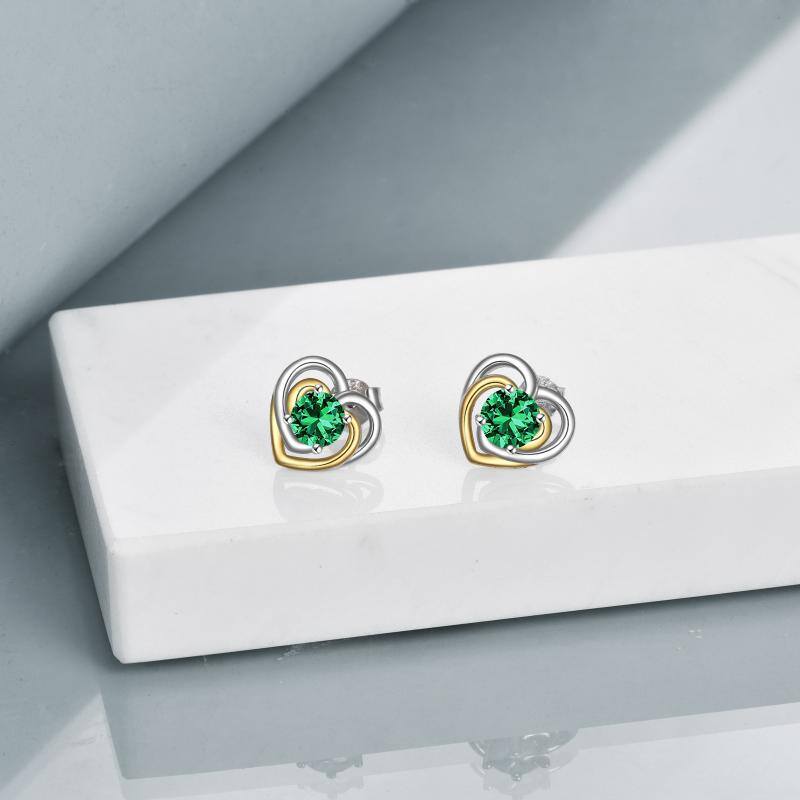 925 Sterling Silver Heart Stud Earrings With May Birthstone Emerald
