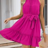 Ruched Grecian Neck Tie Waist Mini Dress
