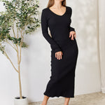 Culture Code Full Size Ribbed Long Sleeve Midi Slit Dress
