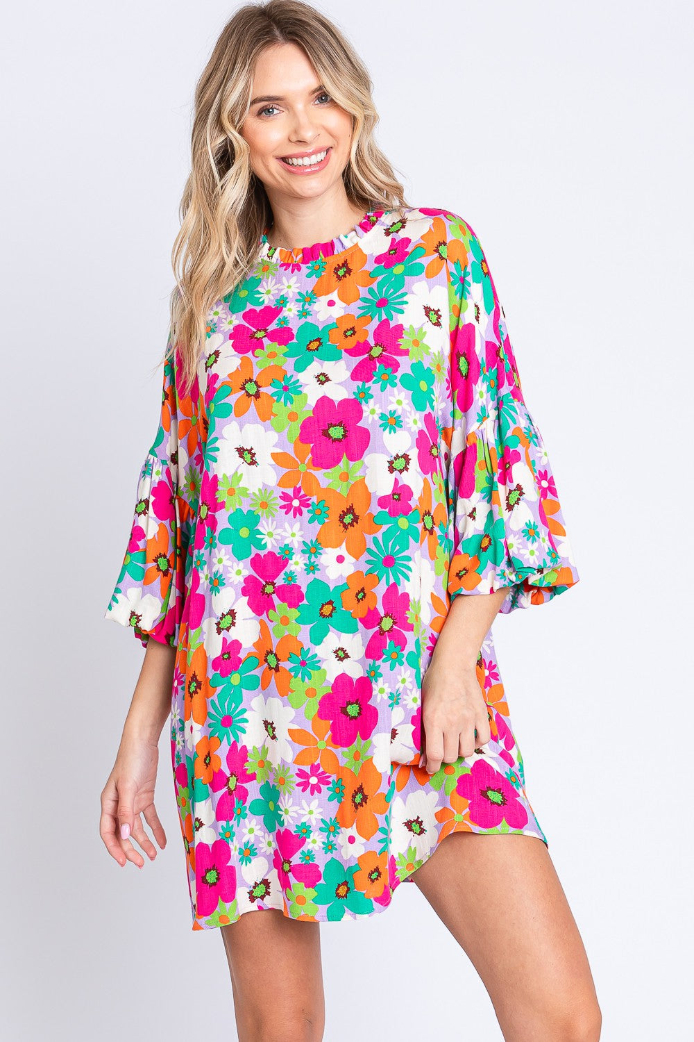 GeeGee Full Size Floral Round Neck Lantern Sleeve Mini Dress
