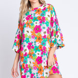 GeeGee Full Size Floral Round Neck Lantern Sleeve Mini Dress
