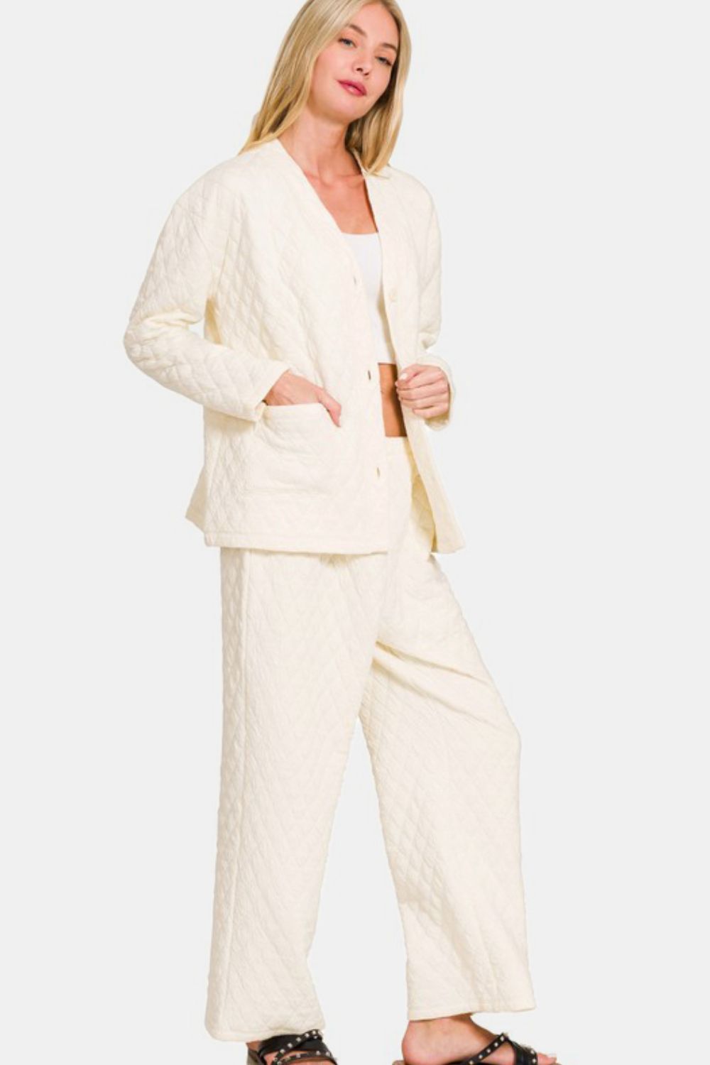 Zenana Quilted Button Up Long Sleeve Top and Pants Lounge Set
