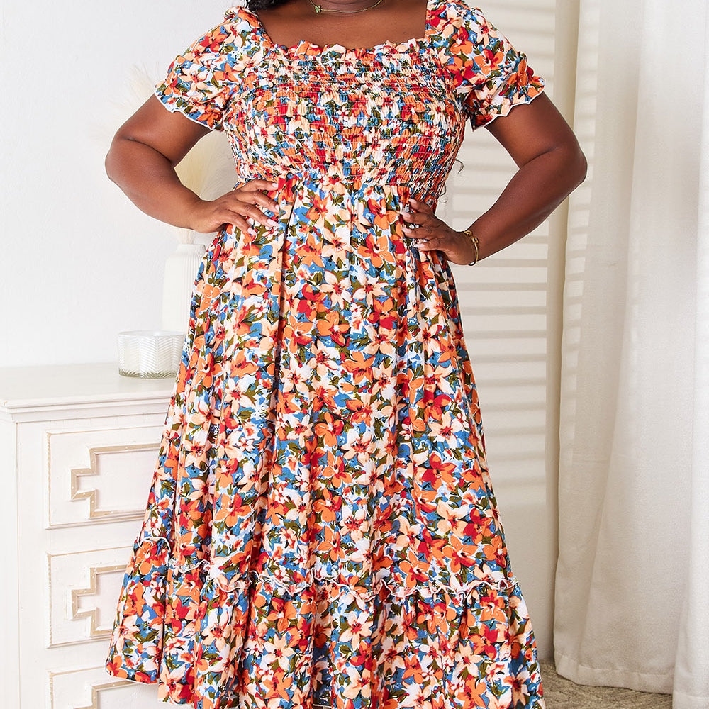 Double Take Plus Size Floral Smocked Square Neck Dress
