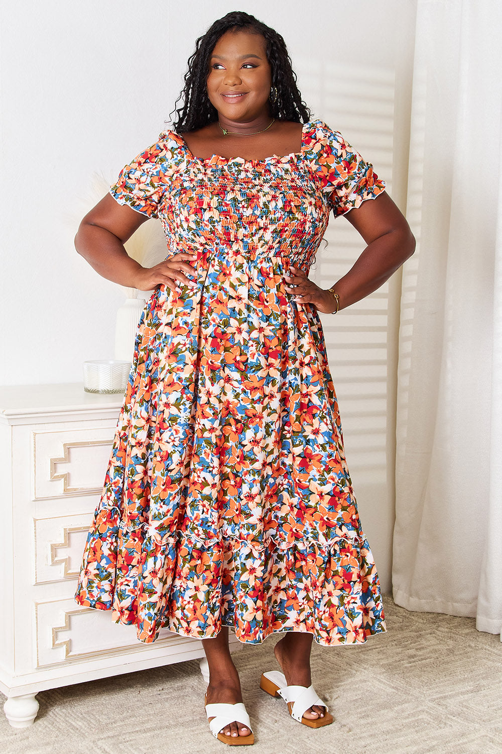 Double Take Plus Size Floral Smocked Square Neck Dress
