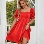 Ruched Square Neck Flounce Sleeve Mini Dress
