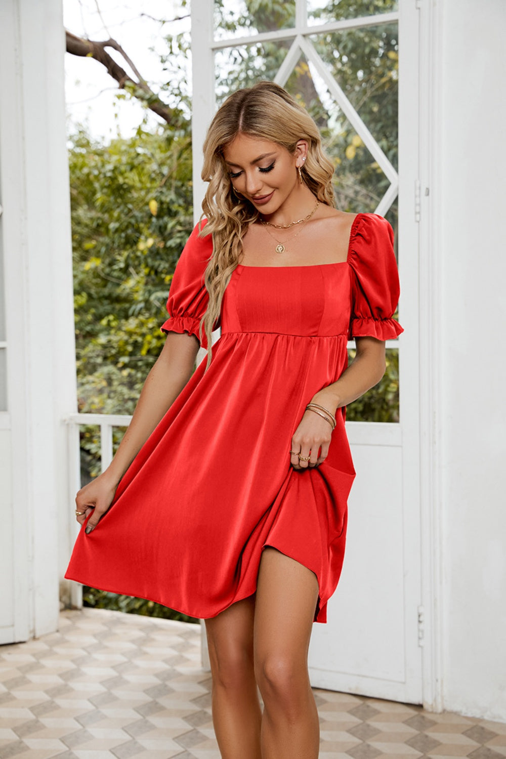 Ruched Square Neck Flounce Sleeve Mini Dress
