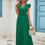 Tied Ruffled V-Neck Pleated Dress
