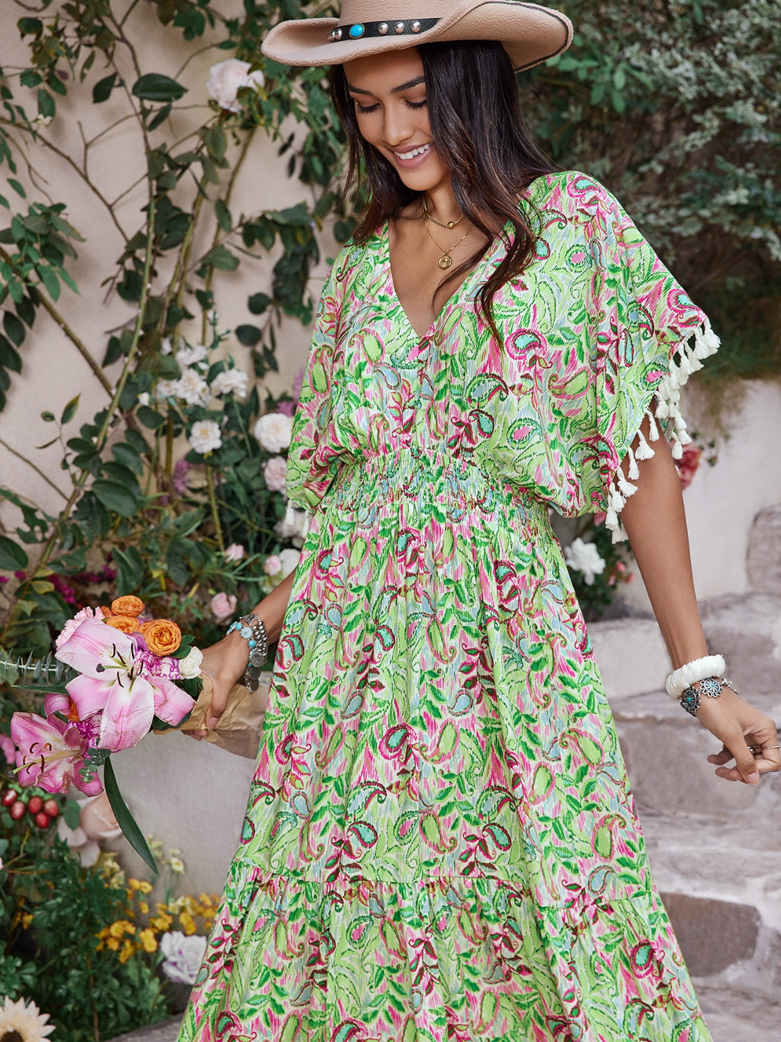 Smocked Floral V-Neck Short Sleeve Dress
