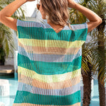 Openwork Striped V-Neck Short Sleeve Cover Up
