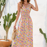 Smocked Printed Surplice Sleeveless Dress
