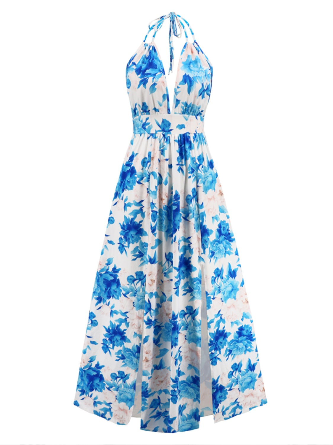 Slit Backless Printed Halter Neck Dress
