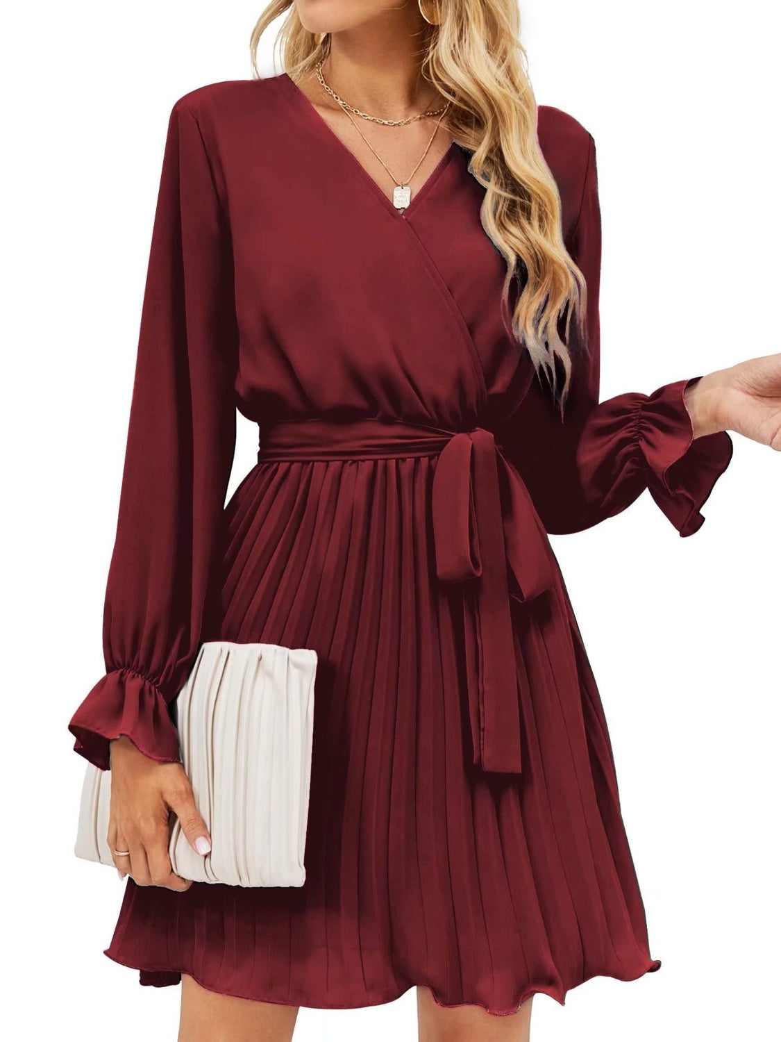 Surplice Flounce Sleeve Pleated Mini Dress
