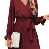 Surplice Flounce Sleeve Pleated Mini Dress
