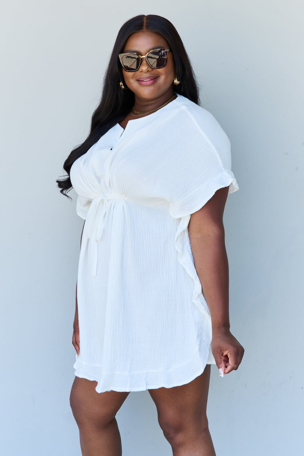 Ninexis Out Of Time Full Size Ruffle Hem Dress with Drawstring Waistband in White
