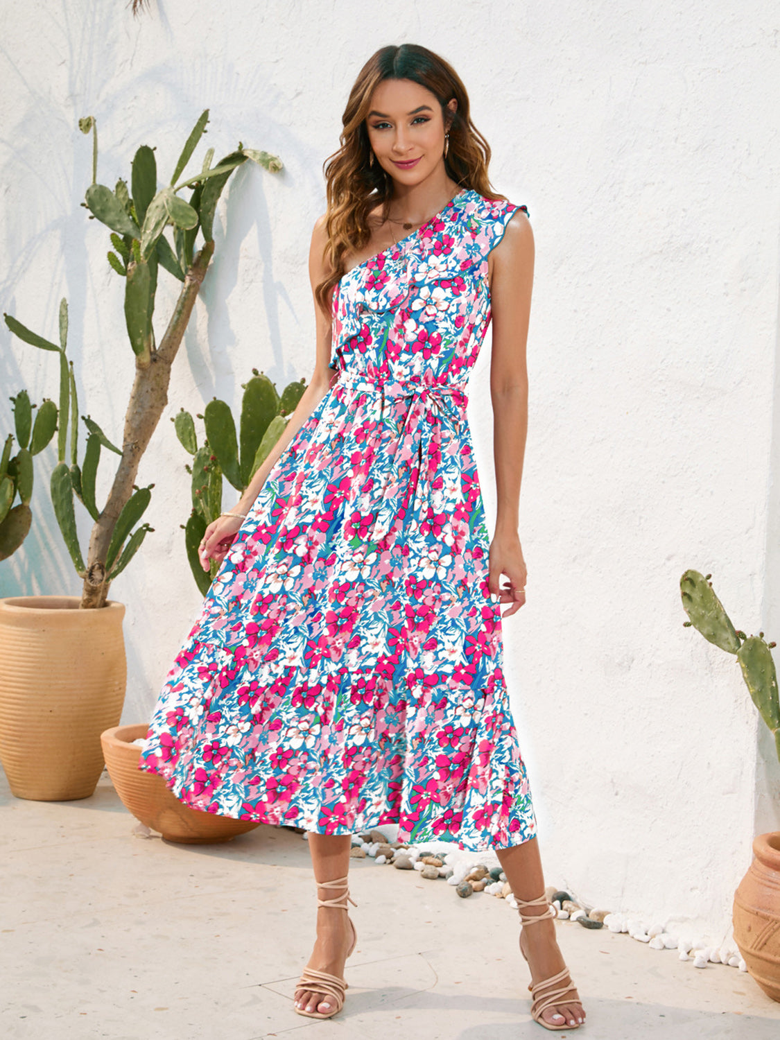 Ruffled Printed One Shoulder Midi Dress
