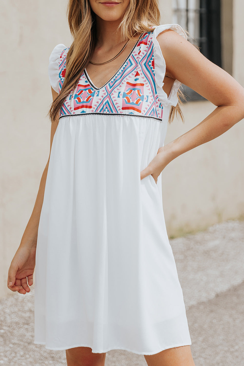 Ruffled Geometric V-Neck Sleeveless Dress
