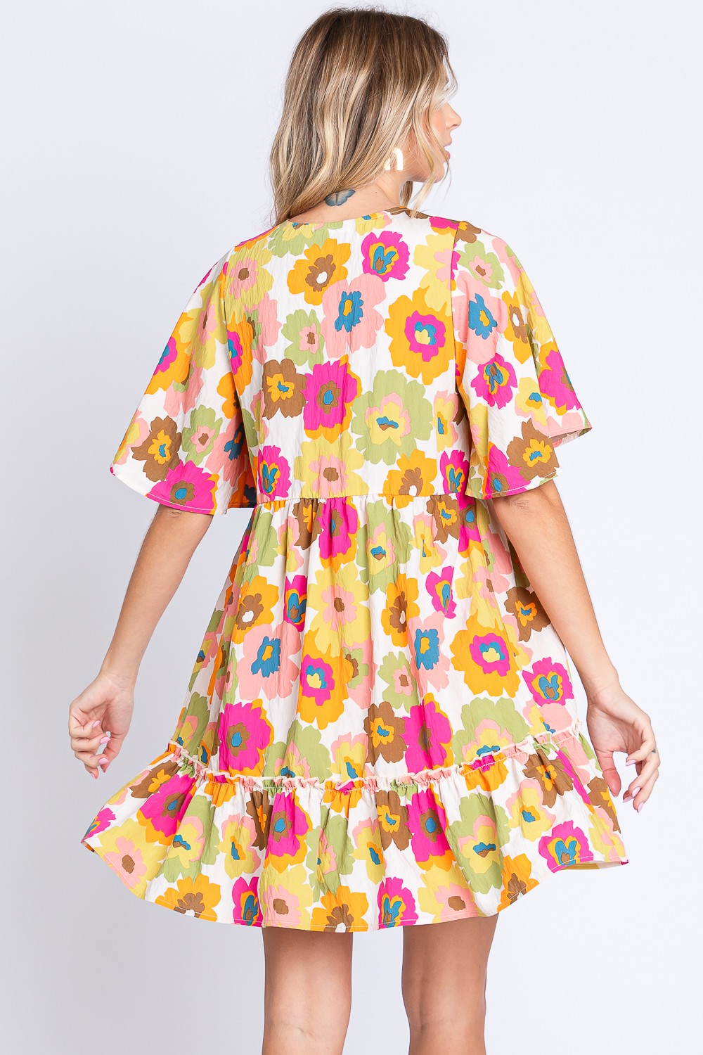 GeeGee Floral V-Neck Ruffle Hem Mini Dress
