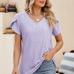 Eyelet V-Neck Petal Sleeve T-Shirt
