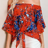 Tied Printed Off-Shoulder Half Sleeve Blouse
