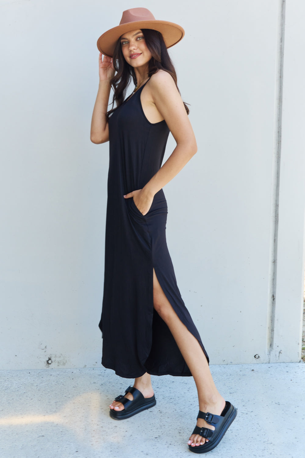 Ninexis Good Energy Full Size Cami Side Slit Maxi Dress in Black
