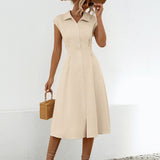 Button Up Cap Sleeve Midi Dress
