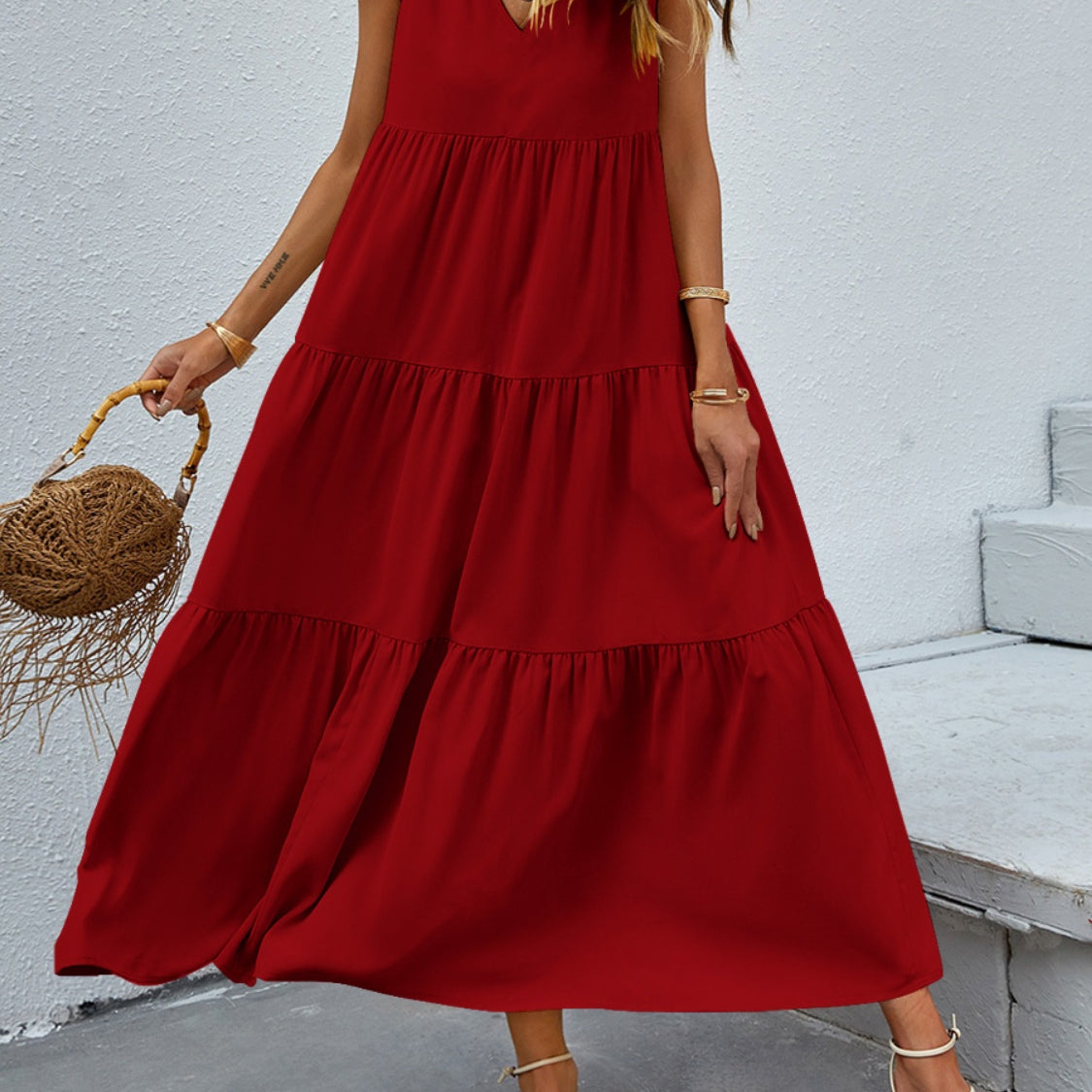 Tiered V-Neck Sleeve Dress
