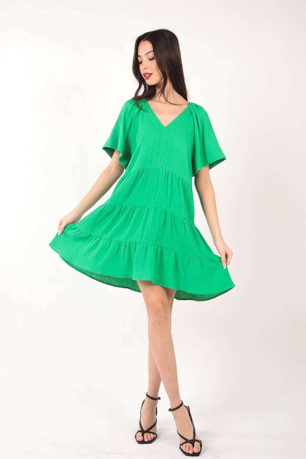 VERY J Texture V-Neck Ruffled Tiered Dress
