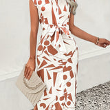 Printed Cap Sleeve Tie Waist Dress
