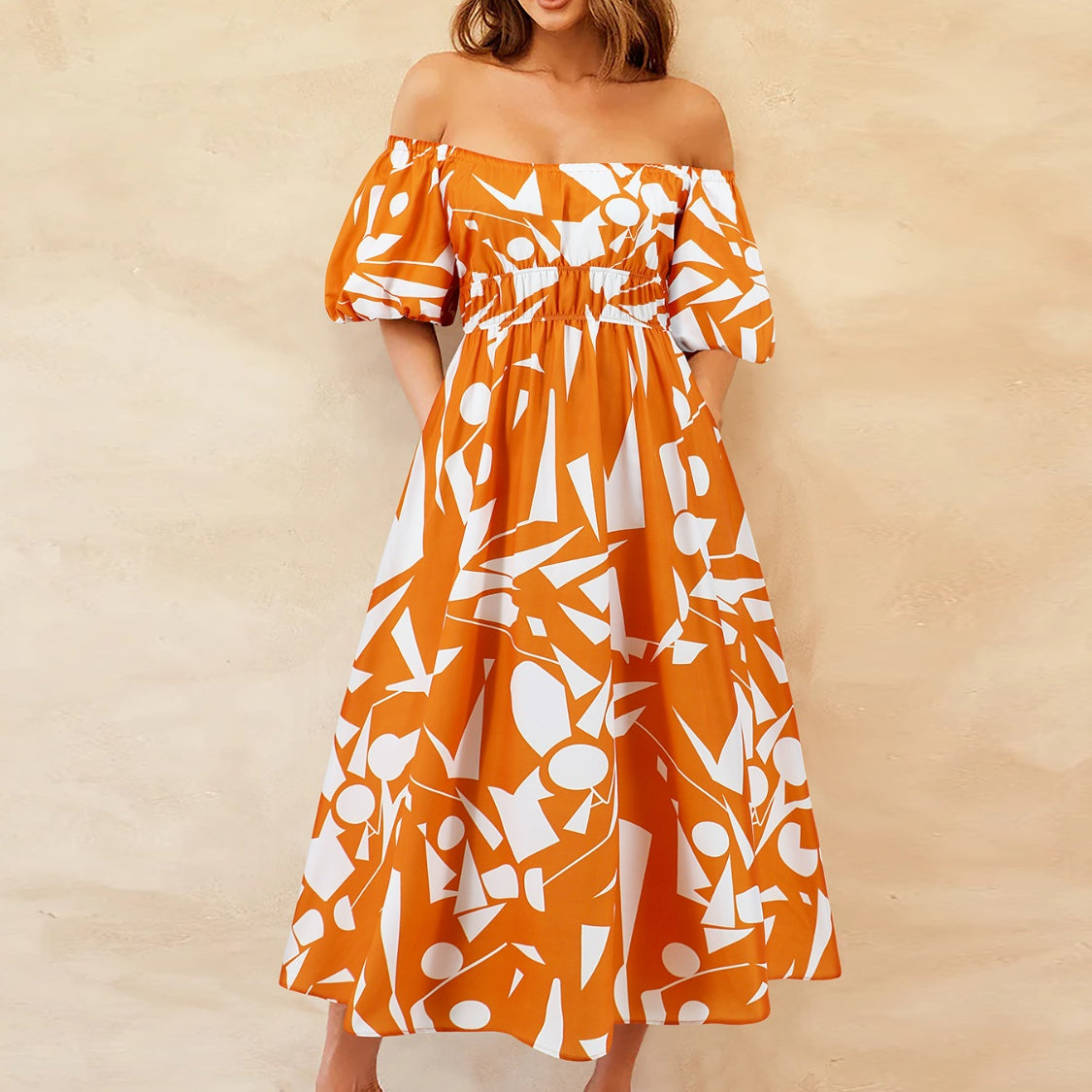 Printed Off-Shoulder Balloon Sleeve Dress
