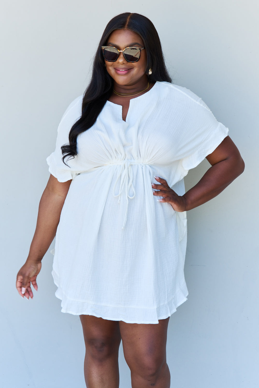 Ninexis Out Of Time Full Size Ruffle Hem Dress with Drawstring Waistband in White
