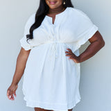 Ninexis Out Of Time Full Size Ruffle Hem Dress with Drawstring Waistband in White
