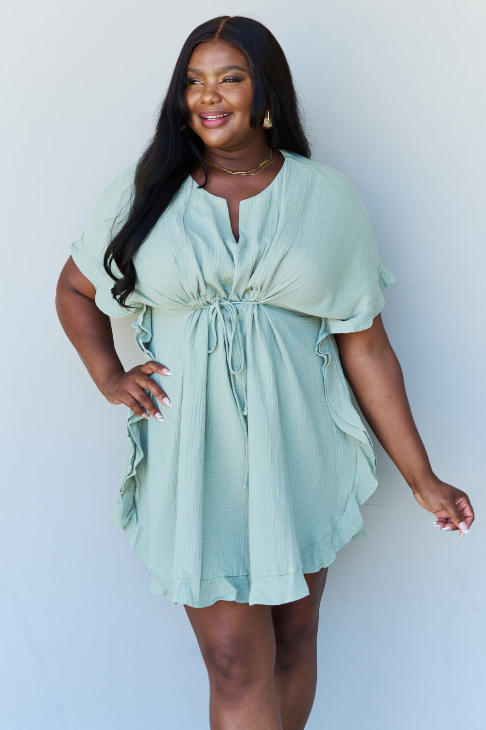 Ninexis Out Of Time Full Size Ruffle Hem Dress with Drawstring Waistband in Light Sage
