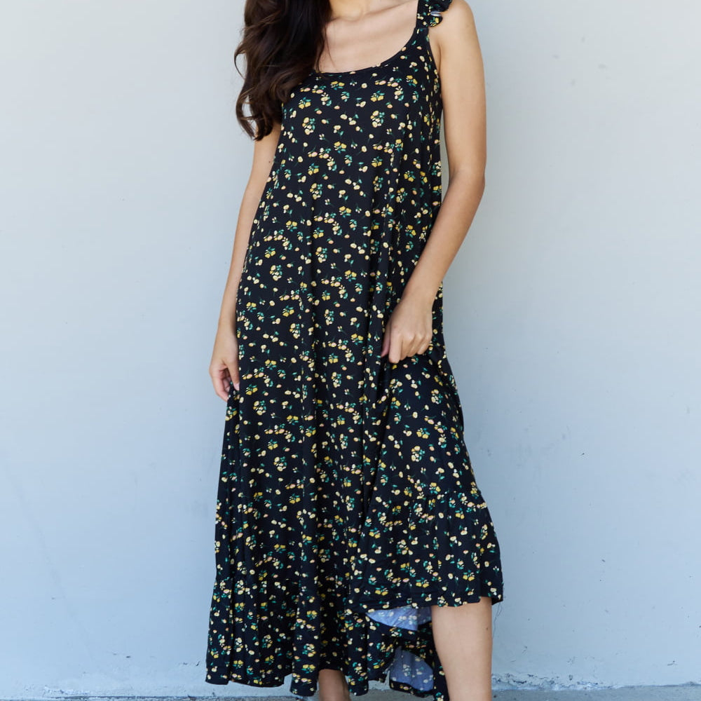 Doublju In The Garden Ruffle Floral Maxi Dress in  Black Yellow Floral
