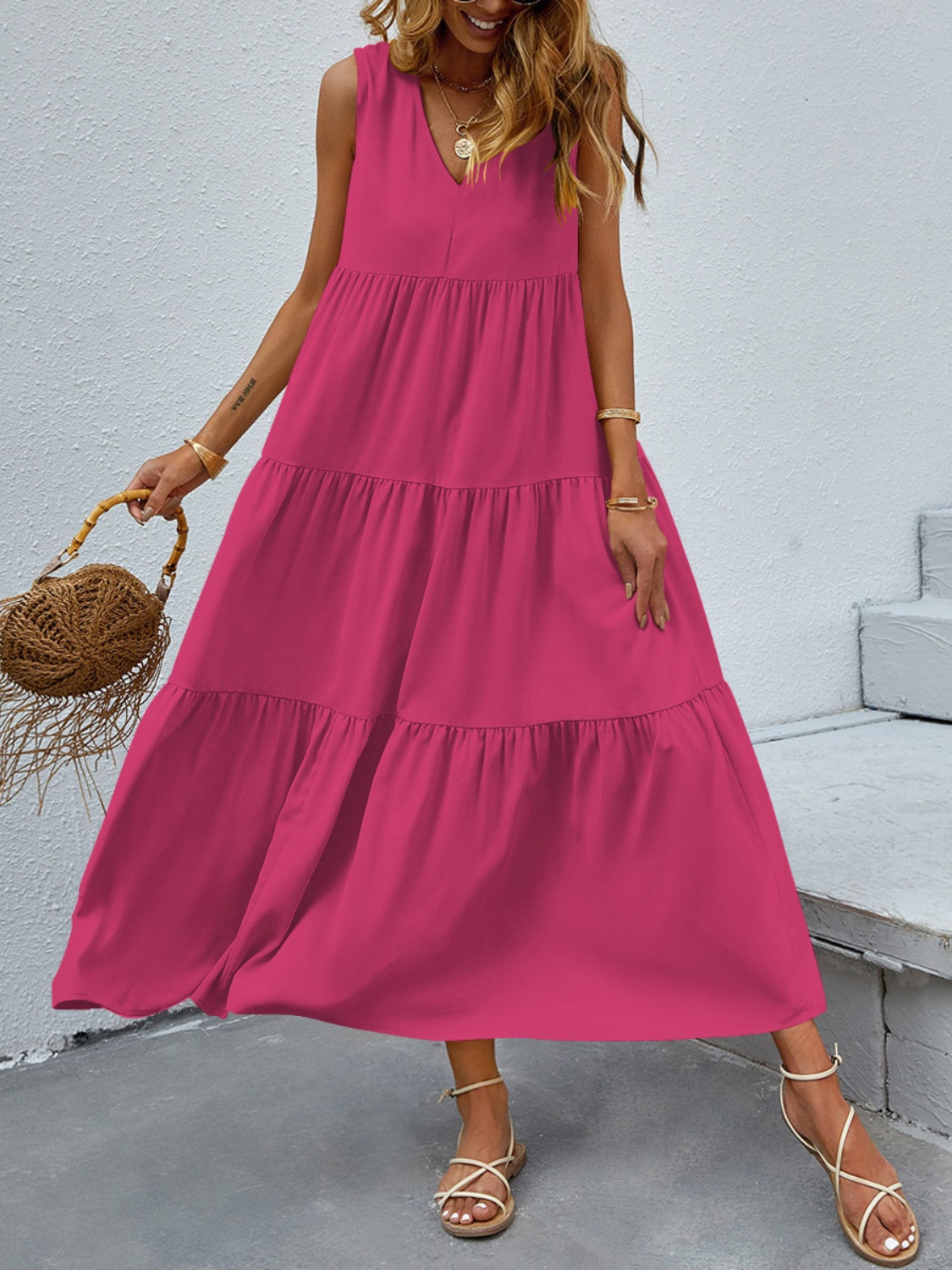 Tiered V-Neck Sleeve Dress
