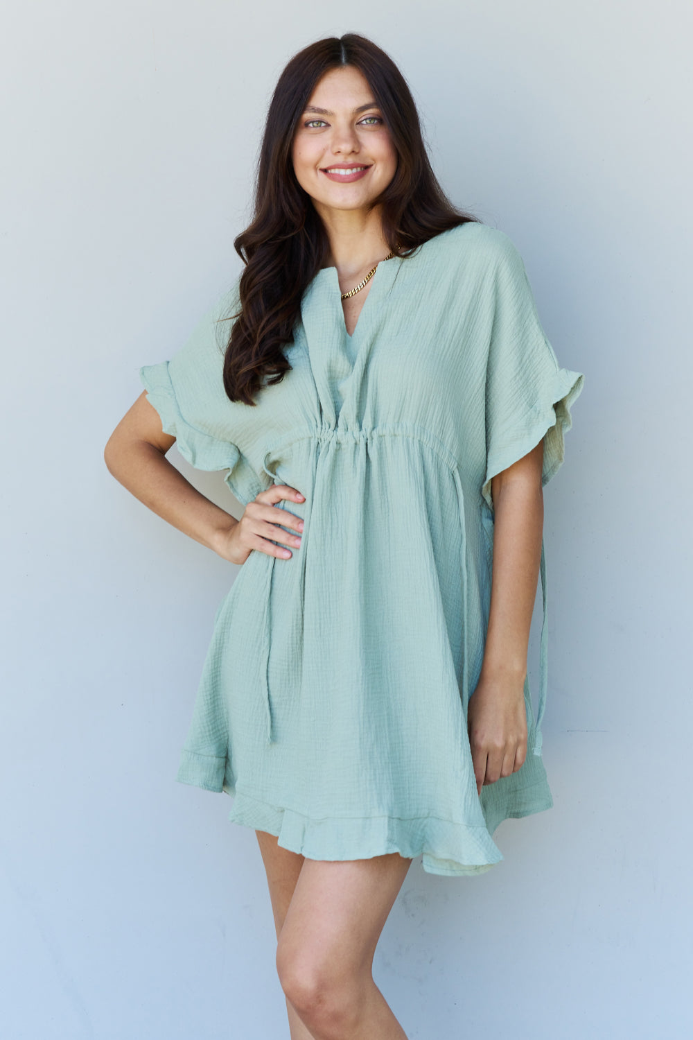 Ninexis Out Of Time Full Size Ruffle Hem Dress with Drawstring Waistband in Light Sage
