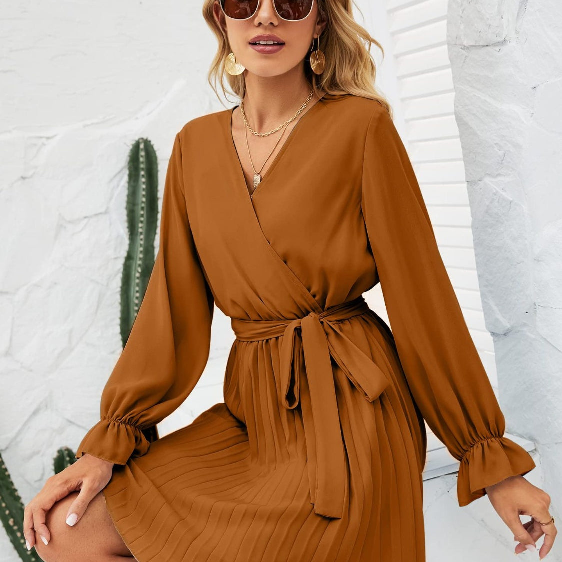 Surplice Flounce Sleeve Pleated Mini Dress
