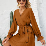 Surplice Flounce Sleeve Pleated Mini Dress
