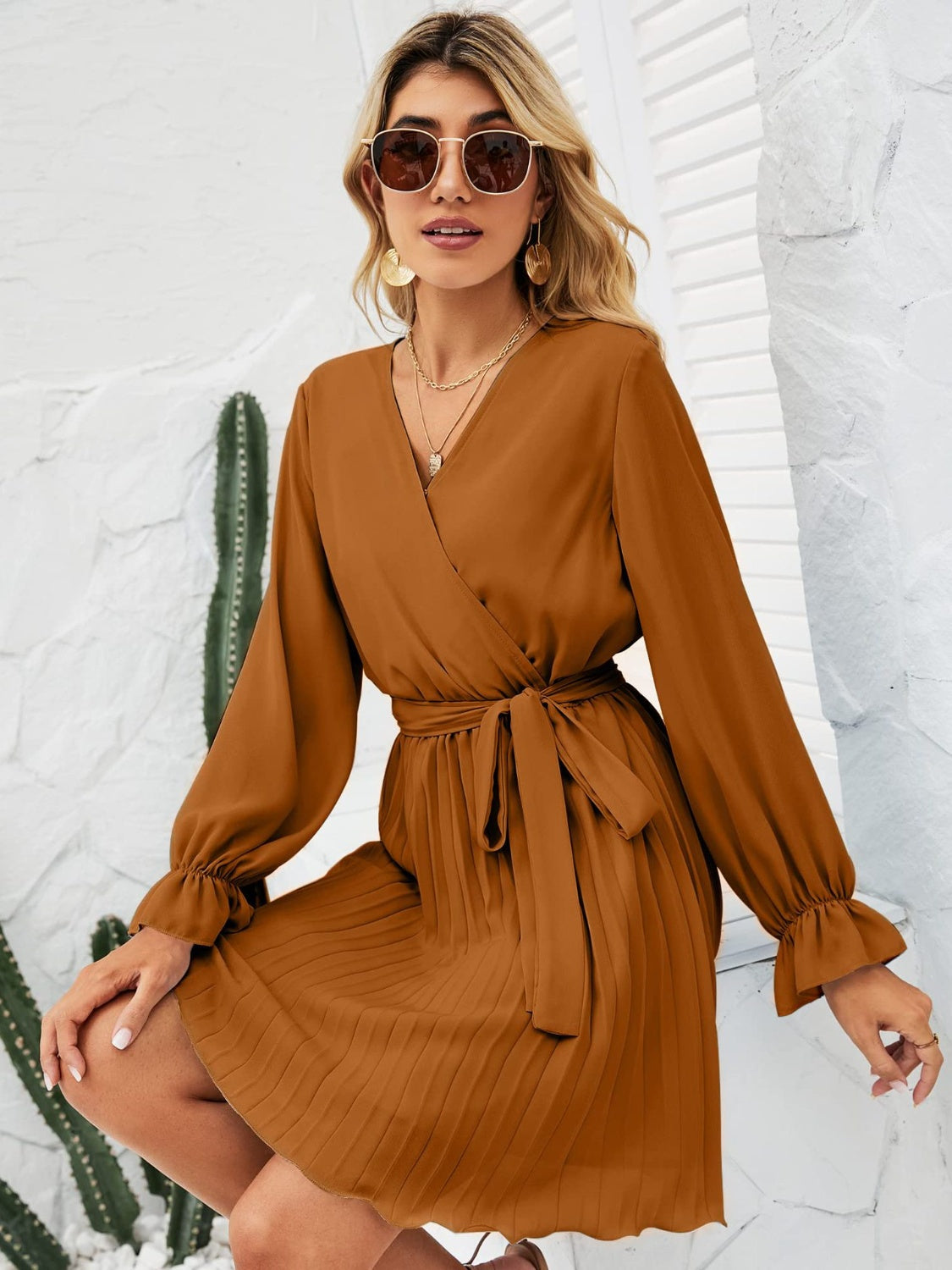 Surplice Flounce Sleeve Pleated Mini Dress
