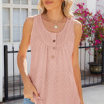 Eyelet Buttoned Round Neck Tank
