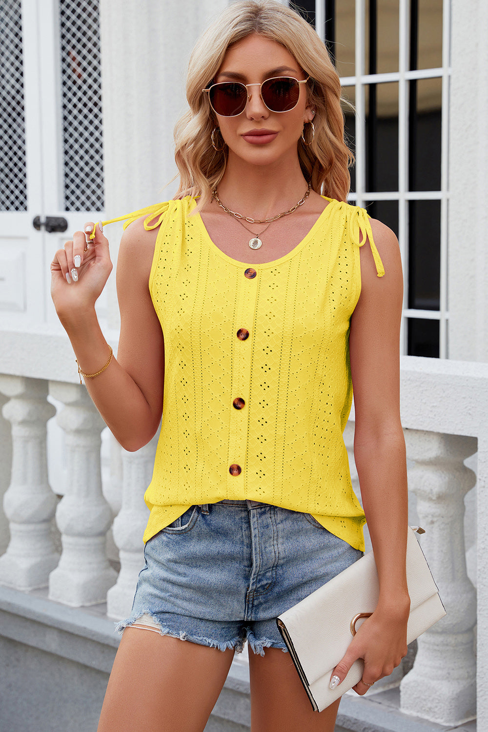 Eyelet Round Neck Wide Strap Tank
