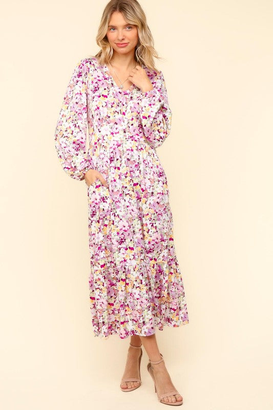 Haptics Full Size Floral V-Neck Long Sleeve Dress with Side Pockets
